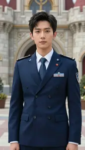 Indigo Suited Enforcer Hero At The Castle