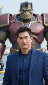 Indigo Suited Titan Hero At The Harbor