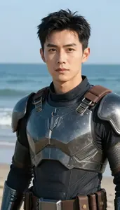 Iron Plated Caped Operative Hero At The Ocean Shore