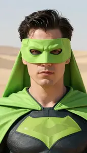 Lime Green Caped Crusader Hero In The Desert Landscape
