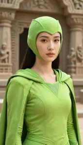 Lime Green Caped Protector Hero At The Ancient Ruins