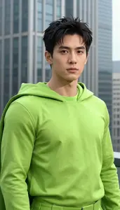 Lime Green Caped Titan Hero In The Skyscraper