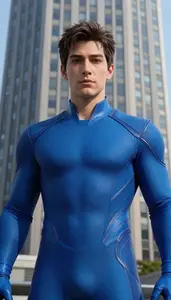 Liquid Blue Suited Colossus Hero In The Skyscraper