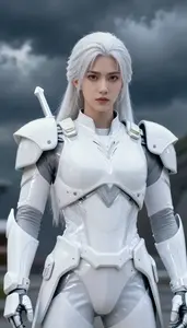 Luminous White Armored Soldier Hero In The Storm Cloud
