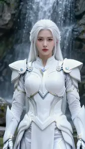 Luminous White Armored Captain Hero At The Waterfall