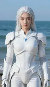Luminous White Armored Soldier Hero At The Ocean Shore