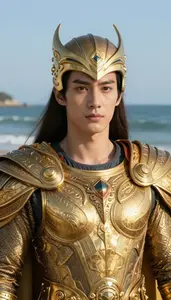Majestic Gold Caped Protector Hero At The Ocean Shore