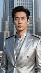 Metallic Silver Suited Commander Hero In The Skyscraper