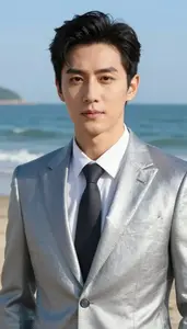 Metallic Silver Suited Specialist Hero At The Ocean Shore