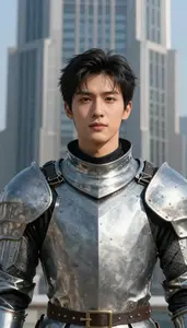 Metallic Silver Suited Knight Hero In The Skyscraper