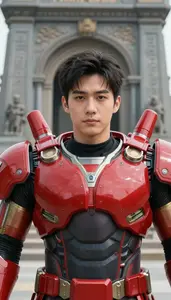 Mighty Red Armored Specialist Hero At The Historic Monument