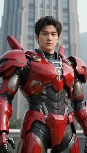 Mighty Red Armored Defender Hero In The Skyscraper