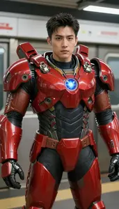 Mighty Red Armored Enforcer Hero In The Subway Station