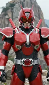 Mighty Red Armored Master Hero On The Mountain Peak