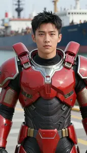 Mighty Red Armored Scout Hero At The Harbor
