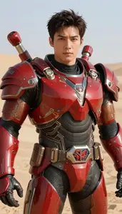 Mighty Red Armored Soldier Hero In The Desert Landscape