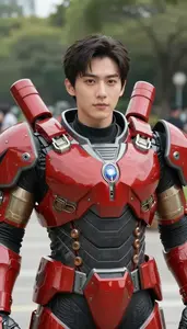 Mighty Red Armored Soldier Hero In The Public Park