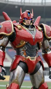 Mighty Red Armored Titan Hero At The Stadium