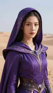 Mystical Purple Caped Scout Hero In The Desert Landscape