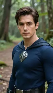 Navy Caped Champion Hero On The Forest Trail