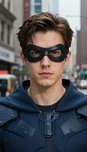 Navy Caped Fighter Hero In The Commercial District