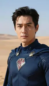 Navy Caped Hero Hero In The Desert Landscape