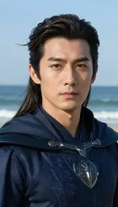 Navy Caped Lord Hero At The Ocean Shore