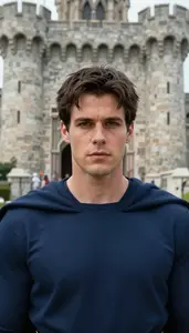 Navy Caped Titan Hero At The Castle