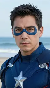 Neon Blue Caped Avenger Hero At The Ocean Shore