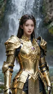 Ornate Gold Armored Protector Hero At The Waterfall