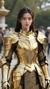 Ornate Gold Armored Champion Hero In The Public Park