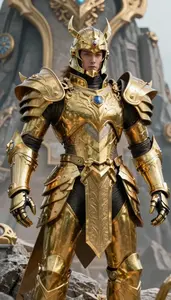 Ornate Gold Armored Colossus Hero On The Mountain Peak