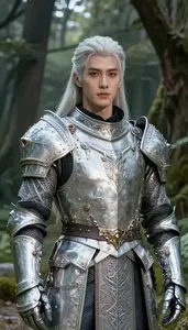 Platinum Metallic Suited Paladin Hero On The Forest Trail