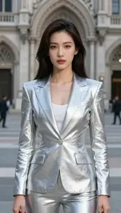 Platinum Metallic Suited Operative Hero In The City Plaza