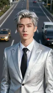 Platinum Metallic Suited Captain Hero On The Highway