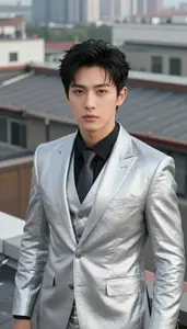 Platinum Metallic Suited Champion Hero On The Rooftop