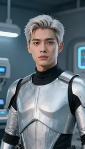 Platinum Metallic Suited Sentinel Hero In The Laboratory