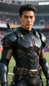 Primal Black Armored Vigilante Hero At The Stadium