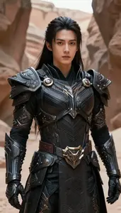 Primal Black Armored Guardian Hero In The Canyon