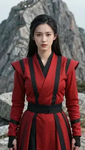 Red And Black Striped Crusader Hero On The Mountain Peak
