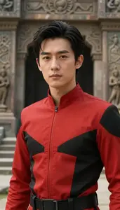 Red And Black Striped Master Hero At The Ancient Ruins