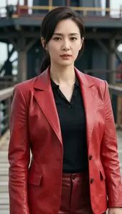 Red Leather Suited Agent Hero On The Pier