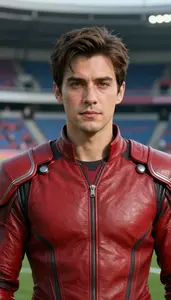 Red Leather Suited Protector Hero At The Stadium