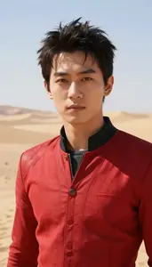 Scarlet Suited Titan Hero In The Desert Landscape