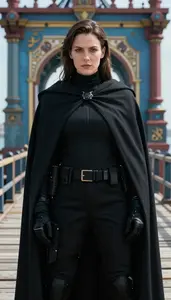 Shadowy Black Caped Operative Hero On The Pier