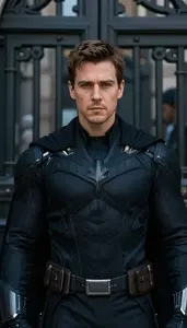 Shadowy Black Caped Avenger Hero At The Gate