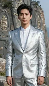 Shining Silver Suited Soldier Hero On The Cliff