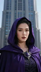 Sorcerous Dark Purple Caped Titan Hero In The Skyscraper
