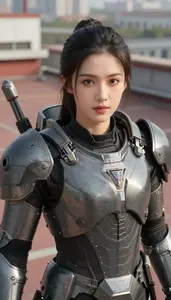 Steel Gray Armored Soldier Hero On The Rooftop