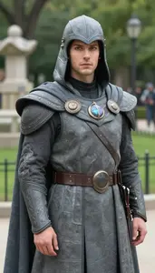Stone Gray Caped Warden Hero In The Public Park